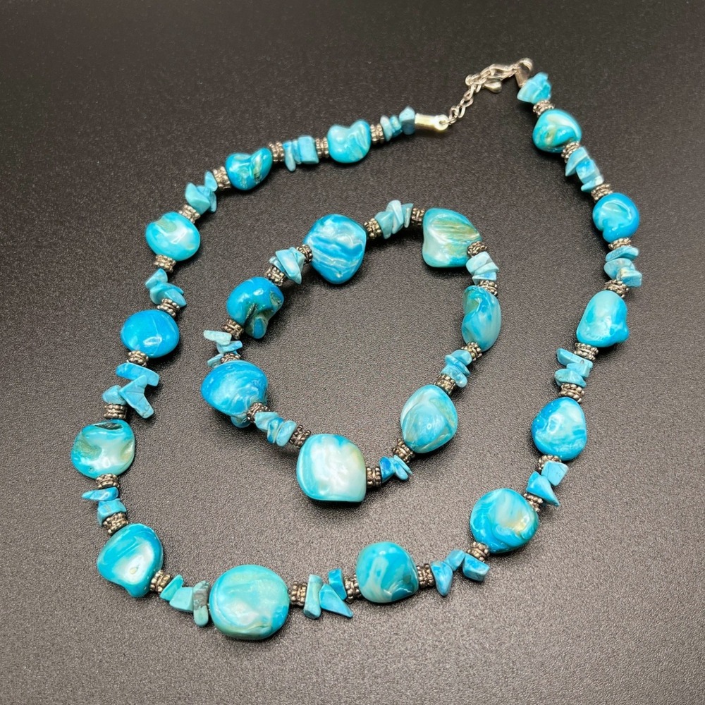 Turquoise Shell Necklace Bracelet Set Chunky Blue Silver Tone Coastal Beachy - Picture 3 of 10